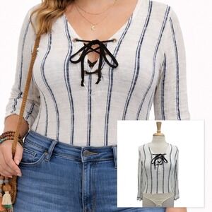 Free People Intimately Womens S Bodysuit Lace Up Striped Long Sleeve Boho Casual
